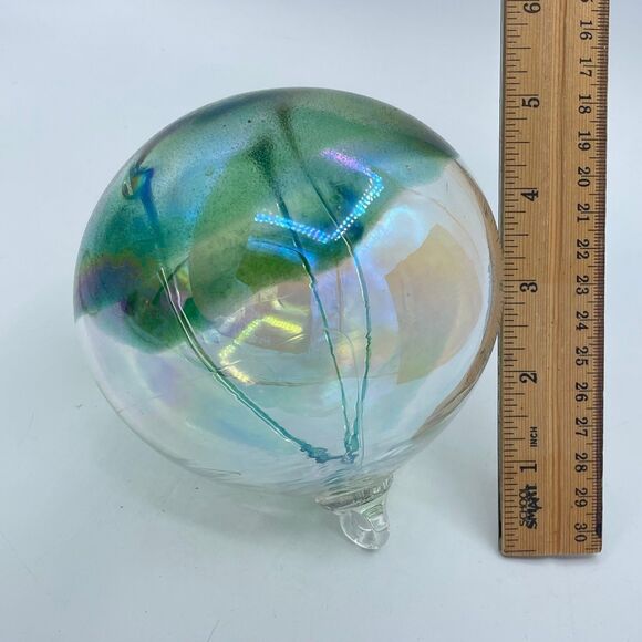 Art Glass Hand Blown Sphere Witch's Ball Iridescent Green w/ Display Stand - Picture 9 of 9